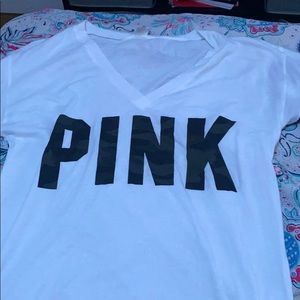 White PINK shirt with camo lettering